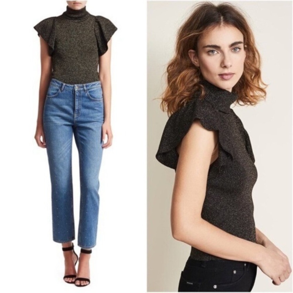 A.L.C. Minka Metallic Rib Knit Top Flutter Sleeve in Black Gold Sz S - Picture 10 of 10